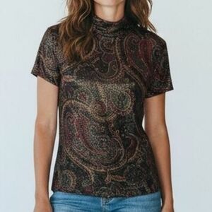 Ralph Lauren Green And Burgundy Paisley Metallic Gold Glimmer Top
